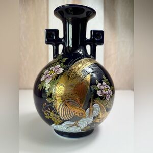 Vintage Japanese Cobalt Blue Porcelain Vase-Hand-painted Golden Pheasant